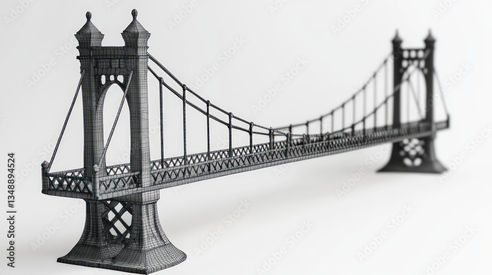 Obraz premium Detailed model of a suspension bridge with ornate towers and intricate details, set against a plain white background.