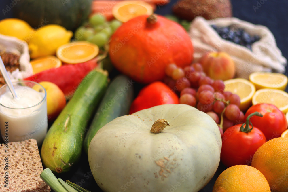 Various healthy fruits, vegetables and cereals on dark background. Selective focus.