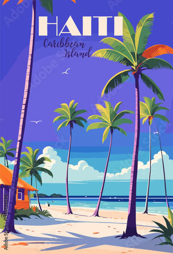 Haiti travel destination poster in retro style. Exotic summer holidays concept. Colorful vector illustration