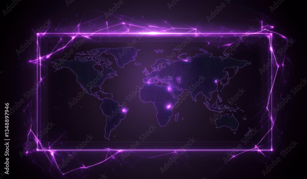 A purple frame with a globe inside. The globe is lit up with purple lights. The frame is surrounded by purple lights, creating a dreamy and ethereal atmosphere A purple frame with a globe inside. The globe is lit up with purple lights. The frame is surrounded by purple lights, creating a dreamy and ethereal atmosphere