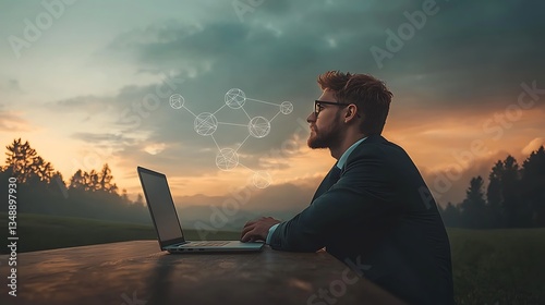 Businessman working laptop sunset nature.