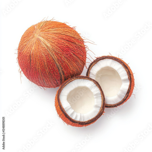 Realistic tropical coconut whole and halved with brown hairy shell and white flesh on an isolated white background