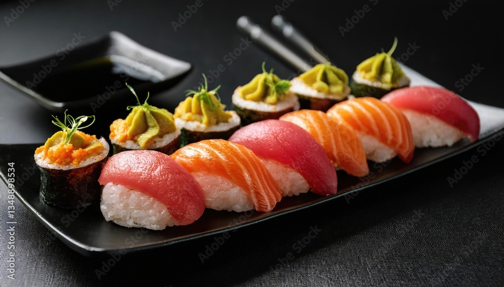 Vibrant maki rolls, nigiri, and fresh fish like salmon and tuna, garnished with wasabi and avocado Vibrant maki rolls, nigiri, and fresh fish like salmon and tuna, garnished with wasabi and avocado