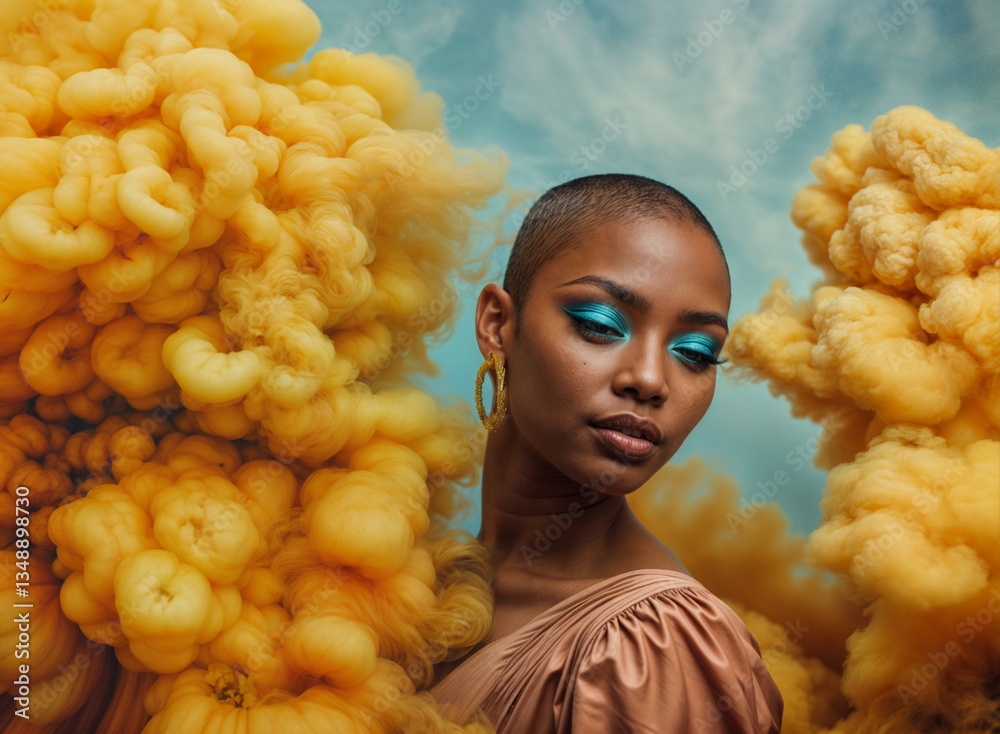 Portrait of a woman with a short haircut, showcasing a sophisticated makeup look against a backdrop of swirling yellow smoke.