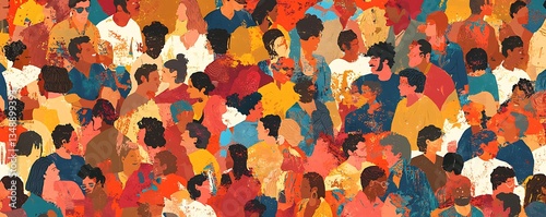 Colorful diverse people crowd in an abstract art seamless pattern, illustrating a multi-ethnic community in a modern collage