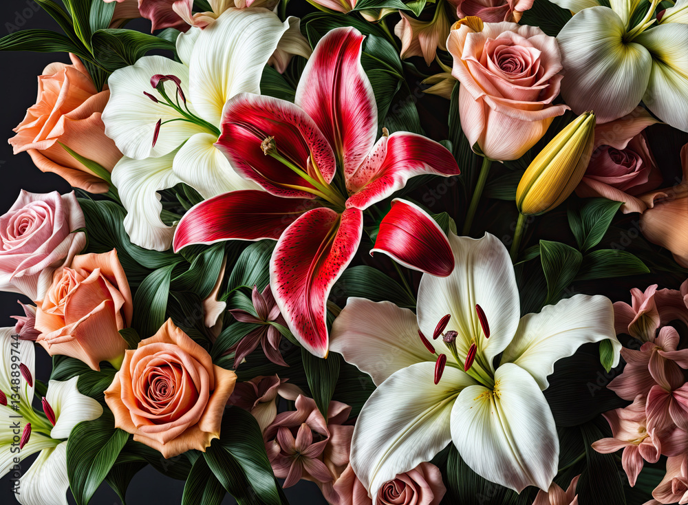 A vibrant bouquet of lilies and roses, showcasing a spectrum of colors and textures.