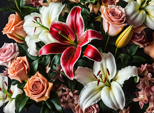 Obraz na płótnie A vibrant bouquet of lilies and roses, showcasing a spectrum of colors and textures. w salonie