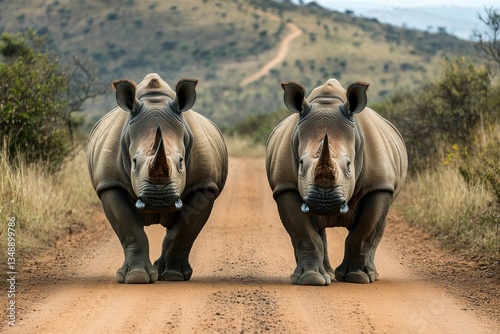 Two rhinos are walking down a dirt road. The road is bumpy and has a lot of dirt. The rhinos are facing each other and appear to be looking at something in the distance