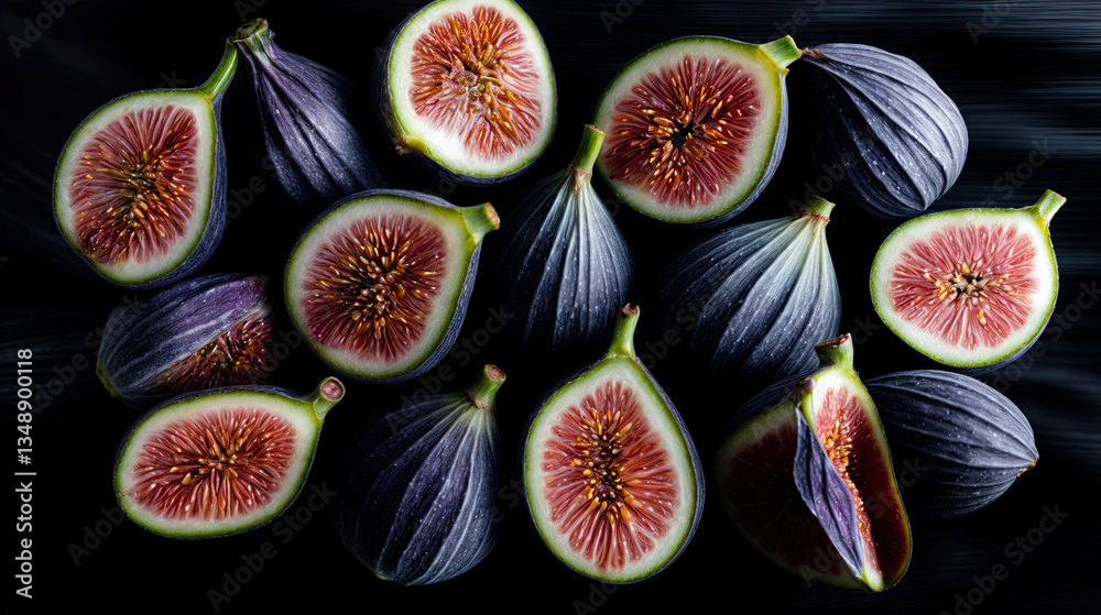 A vibrant array of sliced figs, showcasing their deep crimson flesh and intricate seed patterns against a dark backdrop.