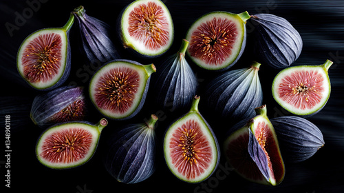 Obraz na płótnie A vibrant array of sliced figs, showcasing their deep crimson flesh and intricate seed patterns against a dark backdrop. w salonie