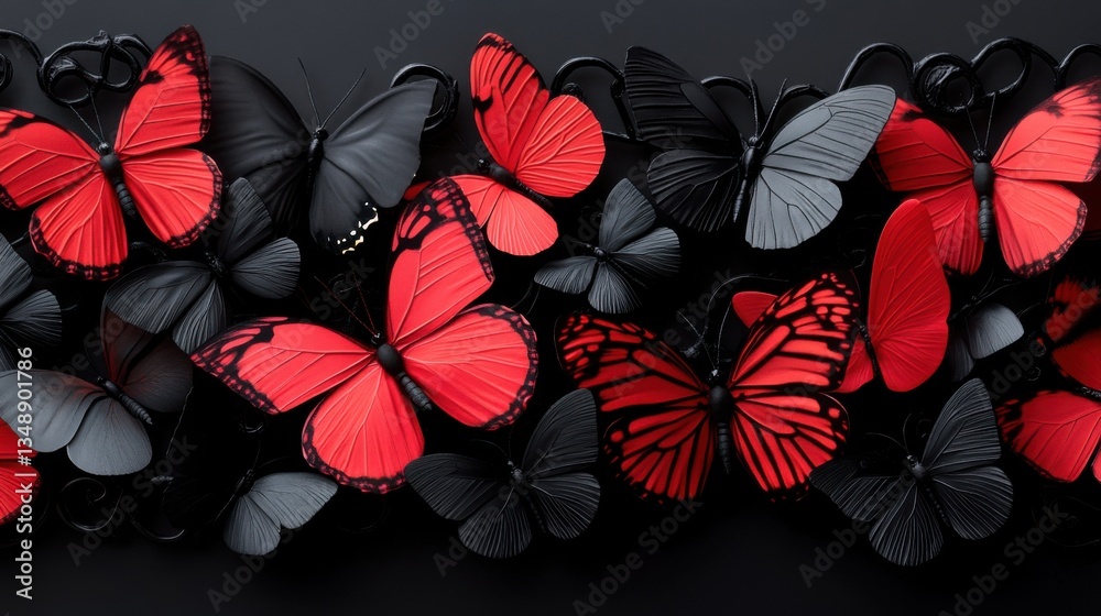 A mass of black and red butterflies creating a chaotic yet mesmerizing spiral, framed by gothic wrought iron patterns. A mass of black and red butterflies creating a chaotic yet mesmerizing spiral, framed by gothic wrought iron patterns.