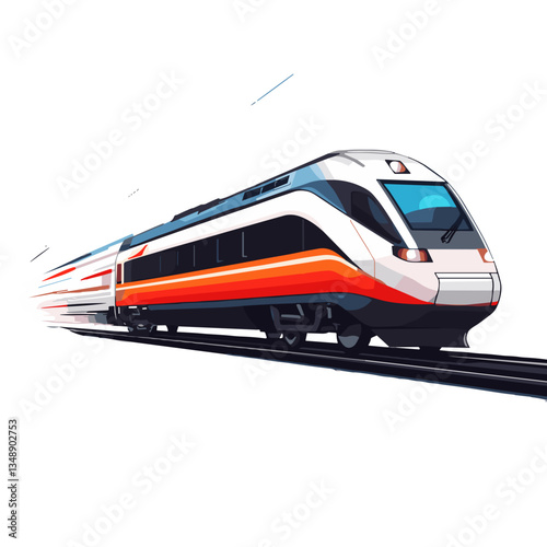 High-speed train in motion on tracks against a white background  