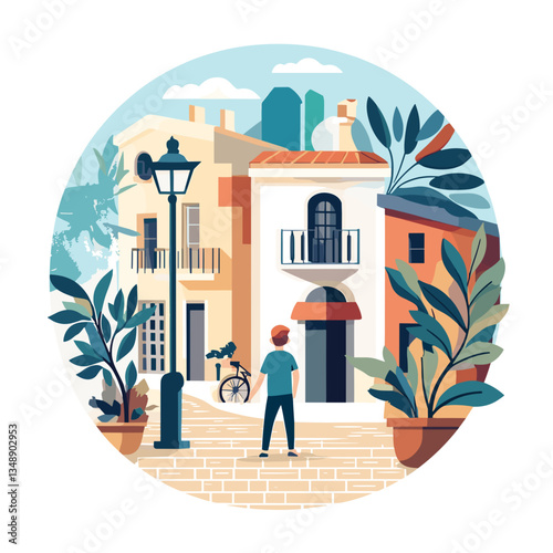 Person Exploring a Vibrant Street Scene with Lush Plants  