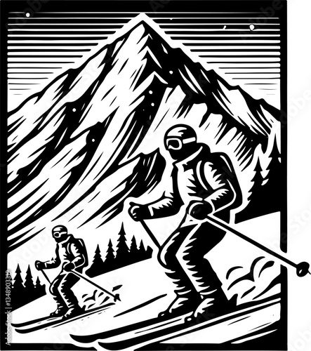 Skiers On A Mountain Ski Slope, Black And White Ski Silhouette