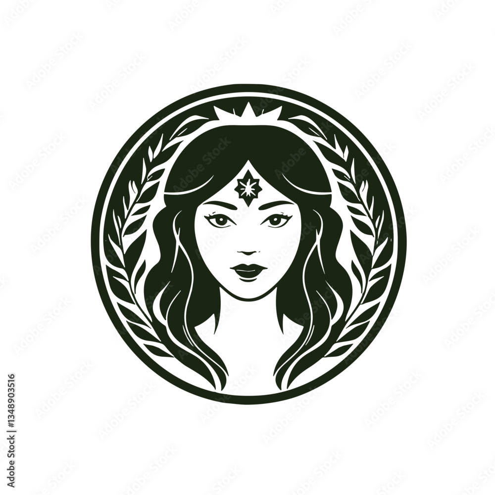 Female Figure in Meditative State Against Circular Emblem Female Figure in Meditative State Against Circular Emblem