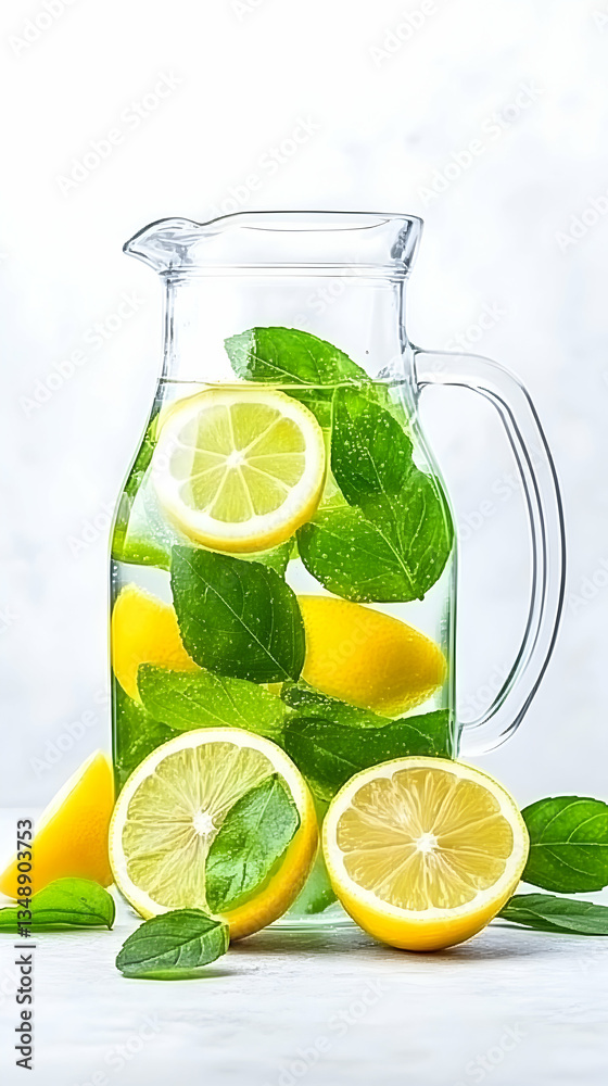 Refreshing lemon water infused with mint leaves in a glass pitcher Refreshing lemon water infused with mint leaves in a glass pitcher
