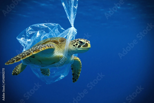 turtle swimming in a plastic bag in the ocean
