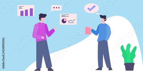 business people discussion about bussines and grop up with social network, analyst data, and graph chart vector illustration design