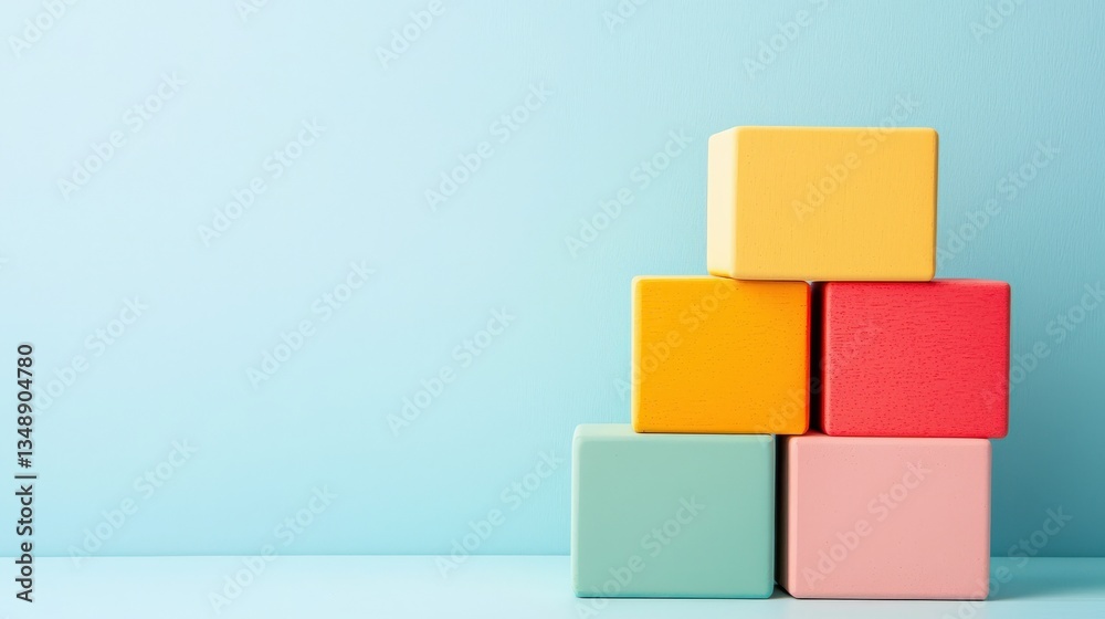 Fototapeta premium Strategic planning resources evaluation concept. Colorful building blocks stacked against a blue background.