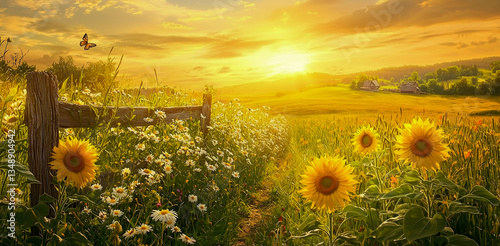 Sunset summer field with sunflowers, daisies, and cottage under golden sky for nature themes photo