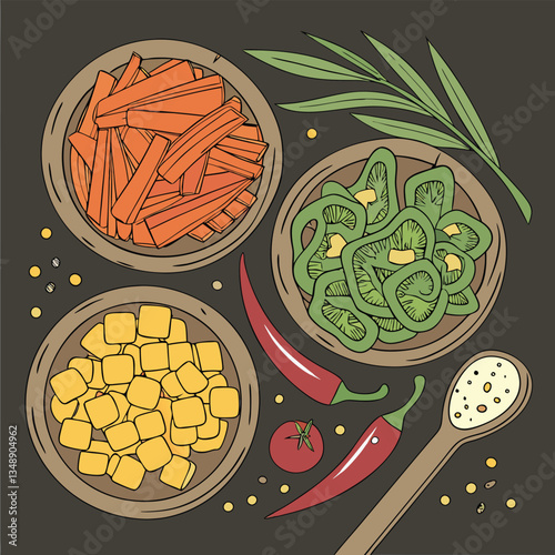 Seamless pattern illustration of colorful vegetables and fruits in a vintage decorative design