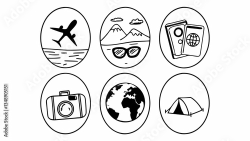 Generate 25 travel icons with scenic backgrounds (sky, beach, mountains), including airplane, passport, suitcase, globe, map, compass, tent, hotel, camera, sunglasses, and train. Modern 3D style, brig photo