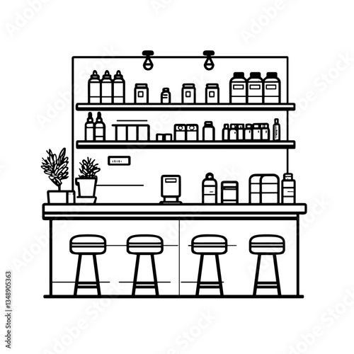Minimalist pharmacy shelf with products and plants in a clean setting  