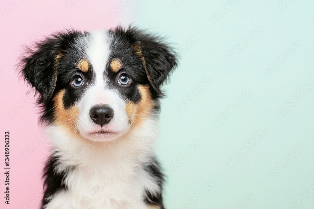 Playful australian shepherd puppy portrait studio setting pet photography colorful background close-up view cute concept Playful australian shepherd puppy portrait studio setting pet photography colorful background close-up view cute concept
