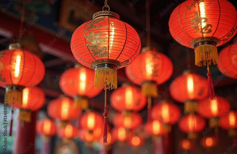 Chinese red lanterns hanging ceiling temple. Festive decorations, celebration. Bright lights, traditional oriental design. Holiday, new year, lunar festival atmosphere, good luck. Chinese red lanterns hanging ceiling temple. Festive decorations, celebration. Bright lights, traditional oriental design. Holiday, new year, lunar festival atmosphere, good luck.