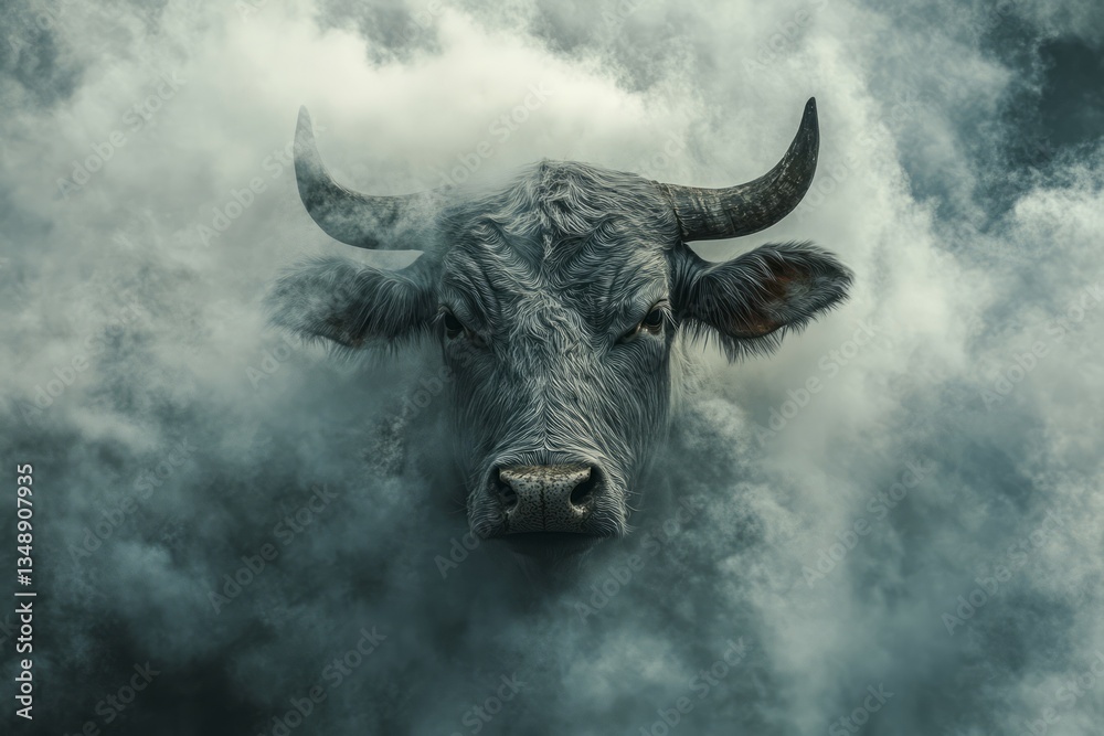 Naklejka premium Bull stands in mysterious fog with horns raised. Dark atmosphere, low angle, moody lighting. Neural network AI generated