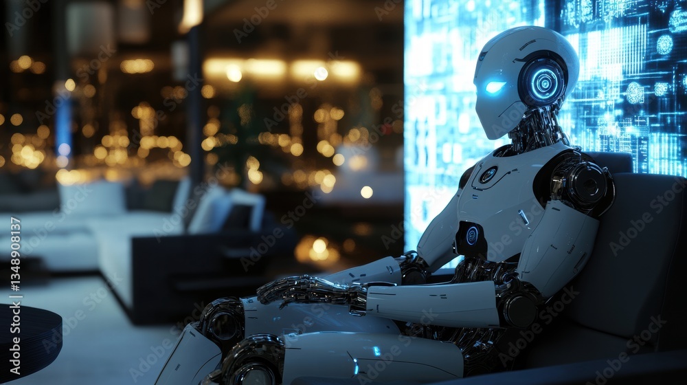 Fototapeta premium Humanoid AI Robot Sitting in Modern Lounge