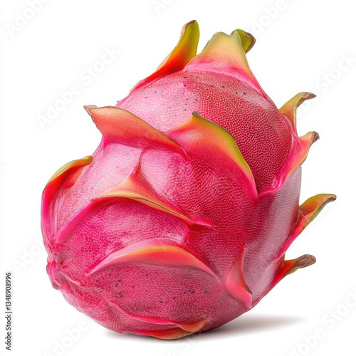 Realistic dragon fruit with vibrant pink skin and green scale-like spikes on surface on an isolated white background