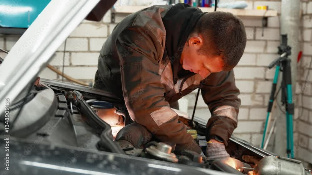 Experienced mechanic carefully inspecting and repairing vehicle engine, diligently performing comprehensive diagnostic work inside professional automotive workshop Experienced mechanic carefully inspecting and repairing vehicle engine, diligently performing comprehensive diagnostic work inside professional automotive workshop