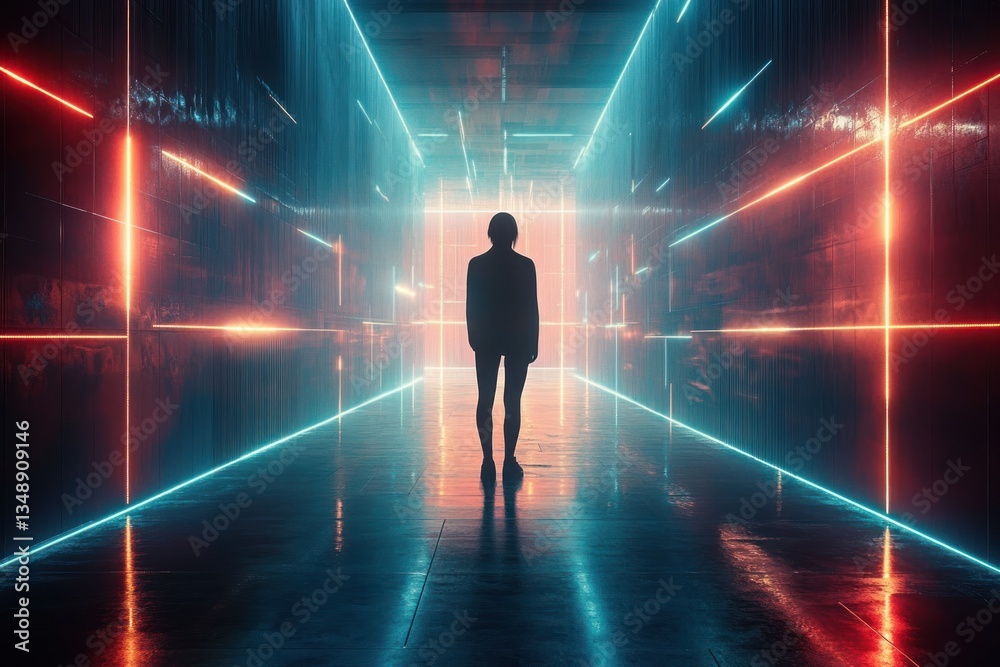 Futuristic Silhouette of a Person Entering a Portal with Energy Beams and Neon Lights in a Cyberpunk Corridor