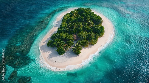 Aerial view of a small tropical island amidst a vast ocean with soft white sandy beaches