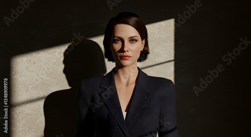 Stylish woman portrait dramatic lighting studio shot professional model art dark wall pose hair eyes