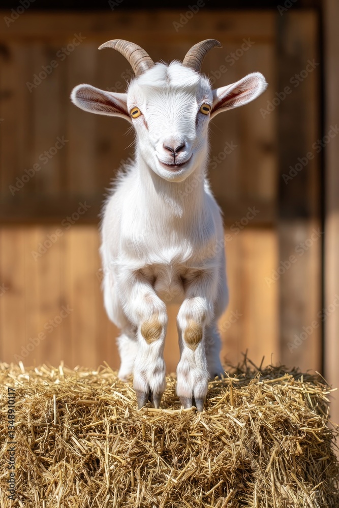 Playful goat stands on hay bales, showcasing bright features and Playful goat stands on hay bales, showcasing bright features and
