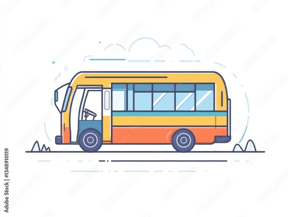 Fototapeta premium Simple Line Art Bus on Road with Clouds