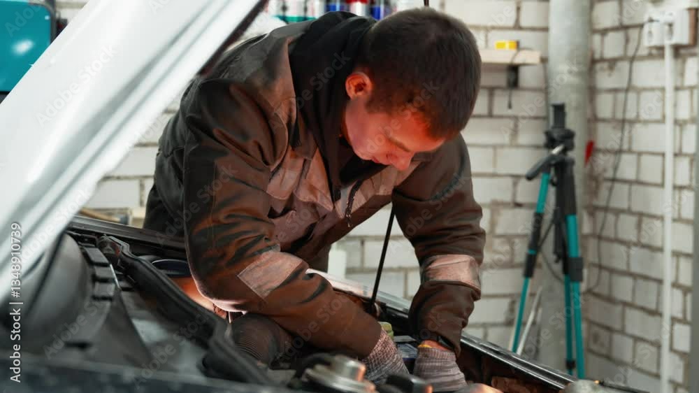 Professional mechanic diagnosing vehicle problems, performing detailed maintenance under raised car hood, wearing protective equipment in clean automotive workshop Professional mechanic diagnosing vehicle problems, performing detailed maintenance under raised car hood, wearing protective equipment in clean automotive workshop