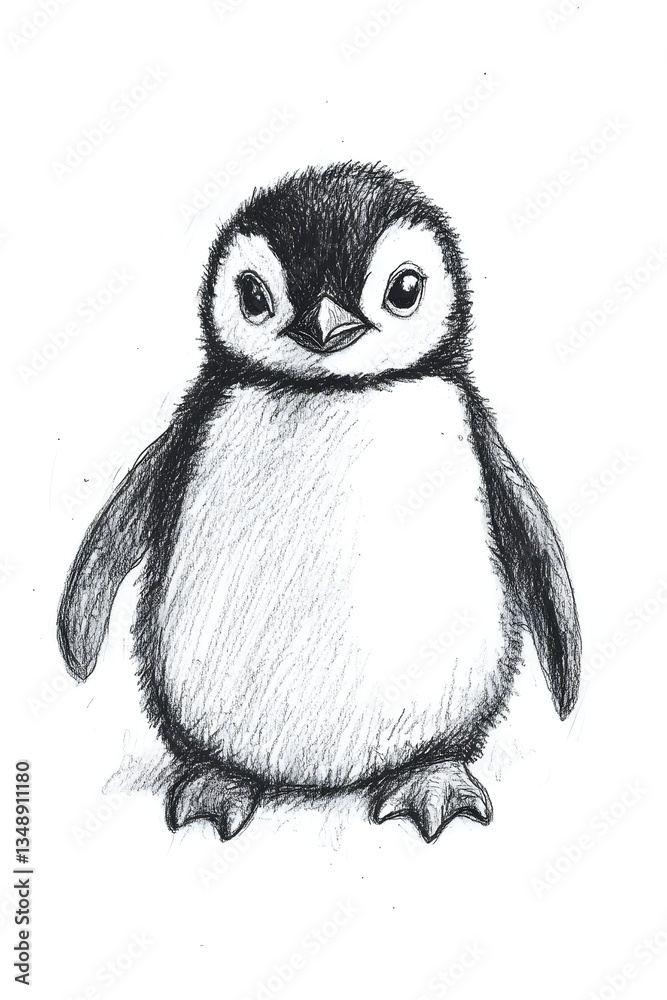 Fototapeta premium A Cute Pencil Sketch Depicting A Baby Penguin Standing Alone