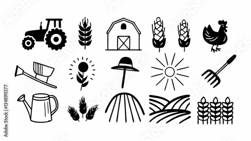 Design 25 farming and agriculture icons with earthy green backgrounds, including tractor, plow, wheat, cow, chicken, barn, silo, field, watering can, seeds, and farmer hat. Rustic flat style, warm ton