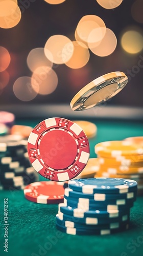 Casino Chips Falling for Night Lights.