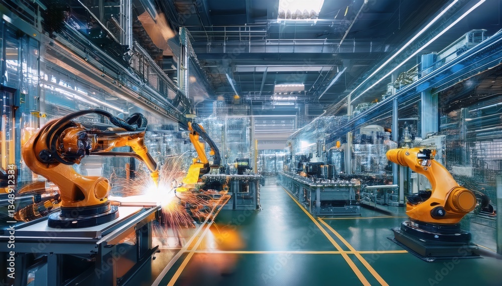 Fototapeta premium Futuristic robots work collaboratively in a vibrant industrial setting, showcasing automated tasks.