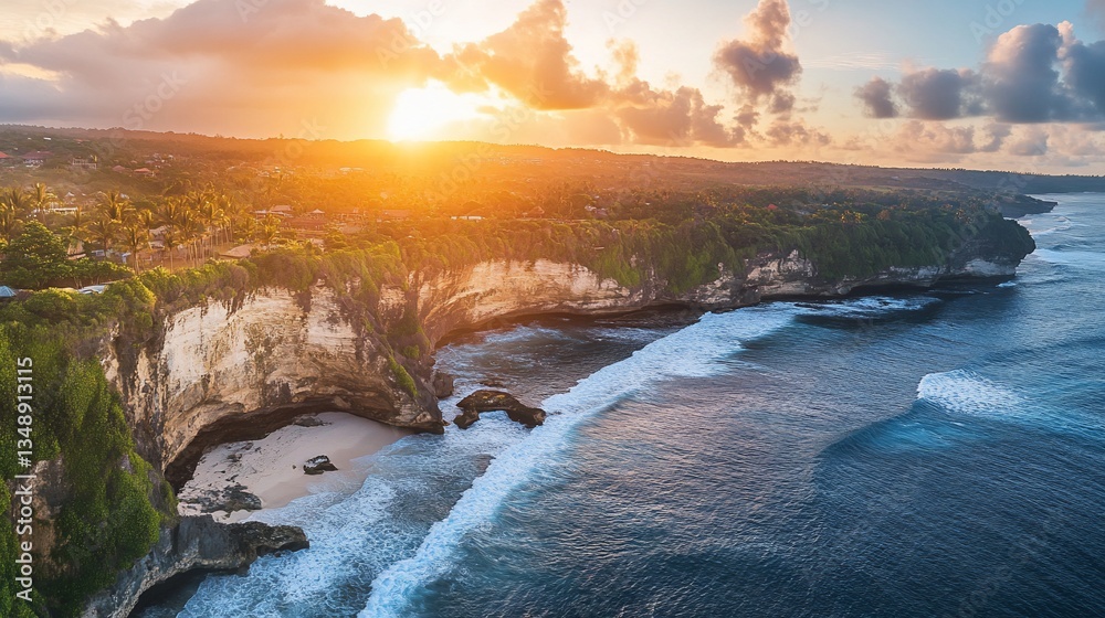 Fototapeta premium Sunset over coastal cliffs, ocean waves crashing, tropical village background; travel, tourism