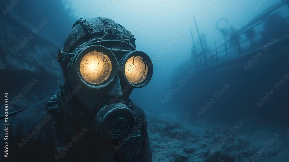 An underwater sculpture of a person wearing a gas mask An underwater sculpture of a person wearing a gas mask