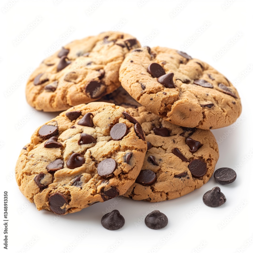 Delicious freshly baked chocolate chip cookies stacked on a white background. Delicious freshly baked chocolate chip cookies stacked on a white background.