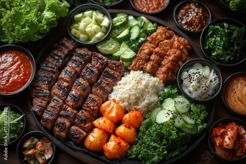 Korean Barbecue Setup with Fresh Vegetables Grilled Meat Dipping Sauces on Wooden Table