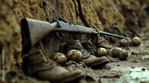 Historical battlefield scene featuring a vintage rifle and worn boots among scattered ammunition