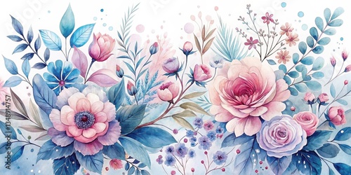 Serene Watercolor Floral Arrangement Featuring Delicate Roses, Anemones, and Lush Greenery in Soft Pastel Hues