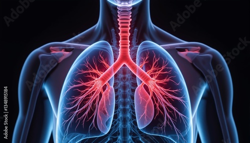 A detailed 3D anatomical rende showcases the human respiratory system including lungs trachea bronchi and blood vessels highlighting their intricate structure and network.